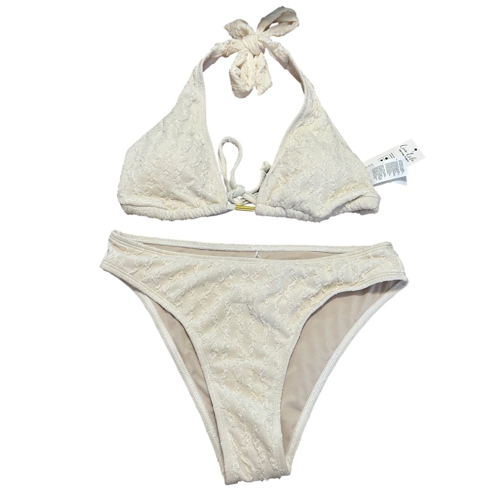 Cupshe‎ Cream Textured Triangle Halter Bikini Set High Leg Small NWT